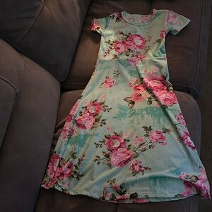 Girls floral dress. Size 8. Very gently worn. Pink flowers against turquoise.